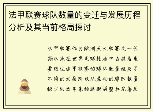 法甲联赛球队数量的变迁与发展历程分析及其当前格局探讨