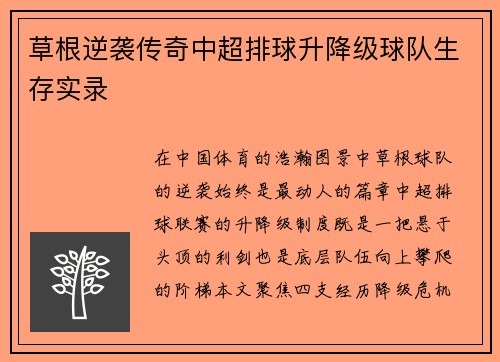 草根逆袭传奇中超排球升降级球队生存实录