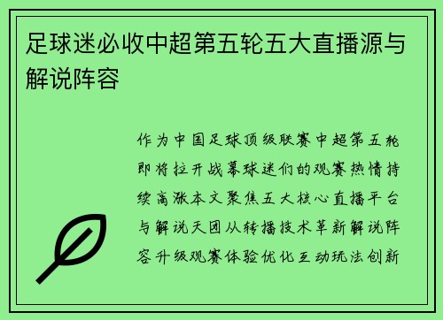 足球迷必收中超第五轮五大直播源与解说阵容