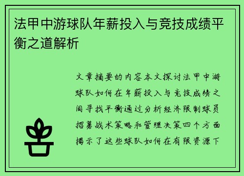 法甲中游球队年薪投入与竞技成绩平衡之道解析