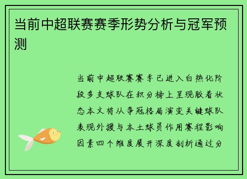 当前中超联赛赛季形势分析与冠军预测